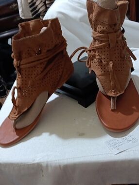 Women's Tan Lace-Up Perforated Suede Sandals